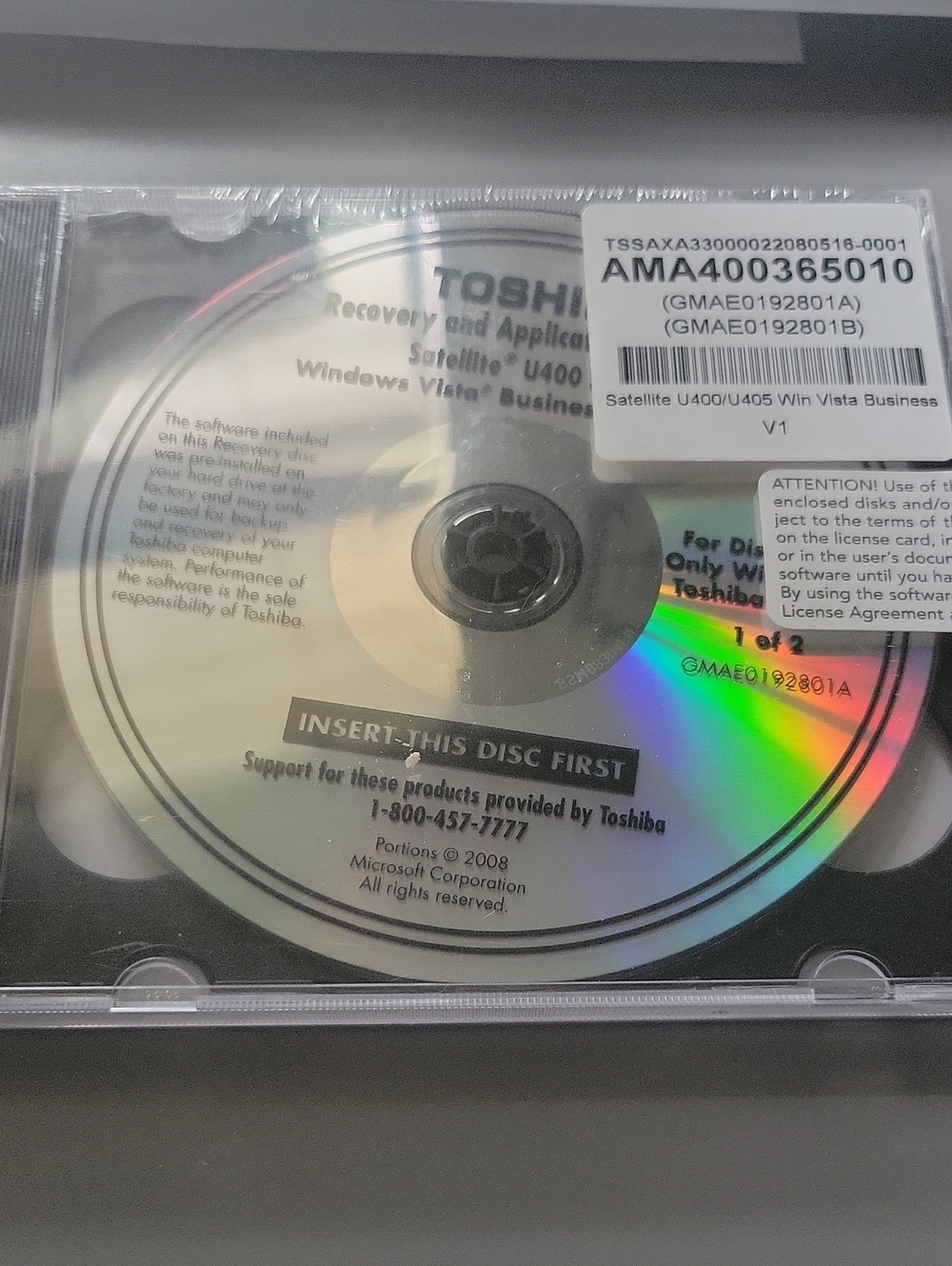 BRAND NEW SEALED Toshiba Satellite U400 Recovery & Applications DVD Disc 1